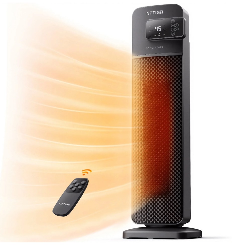 NFTIGB 24" Tower Heater, 1500W PTC Ceramic Electric Space Heater with Digital Thermostat, Remote, 70° Oscillation, ECO Mode and Safety Tip-Over Protection, Gray