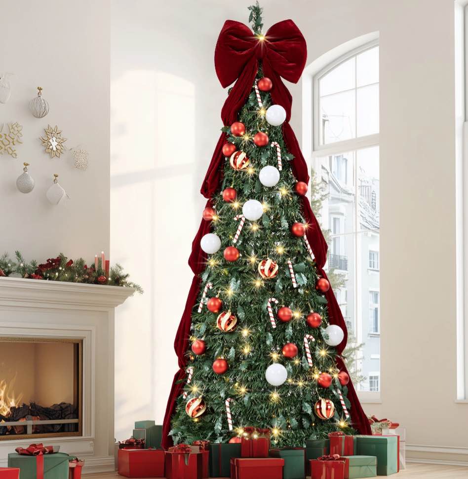 Firstness Christmas Tree 6FT, Pop up Pre Decorated Pre Lit Artificial Xmas Tree with 150 LED Lights, Large Bow & Ornaments, Lighted Christmas Tree for Holiday Party Decorations, Easy Installation