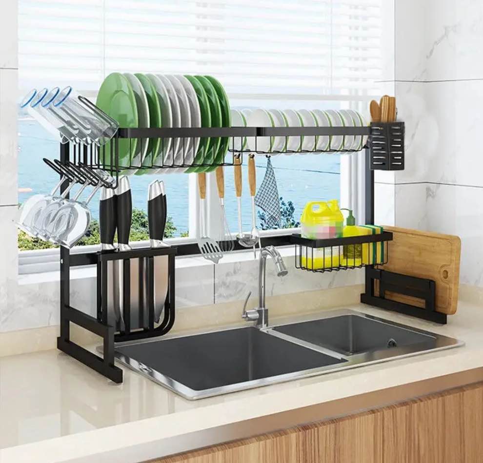 Over The Sink Dish Drying Rack,Adjustable,2 Tier Stainless Steel Dish Rack Drainer,Large Dish Rack Over Sink for Kitchen Counter Organizer Storage Space Saver with Hooks (25.6"-33.5")