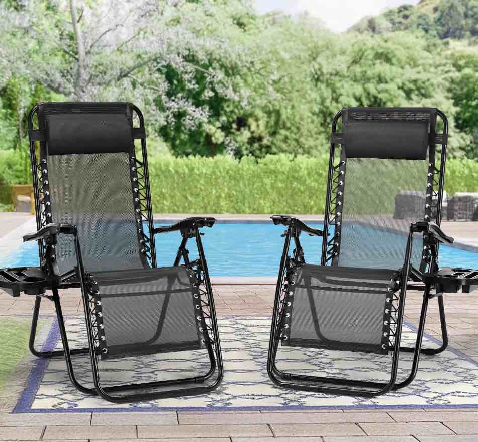 CONCETTA 2 Zero Gravity Lounge Chairs, Foldable Reclining Camping for Patio, Lawn, Beach, Black