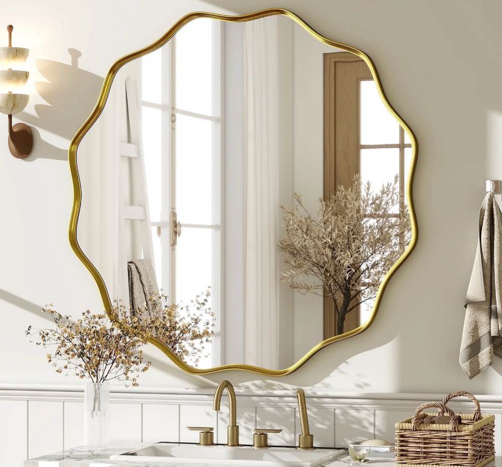 BEAUTYPEAK 24" Wavy Round Bathroom Mirror Wall Decor with Deep Frame, Gold