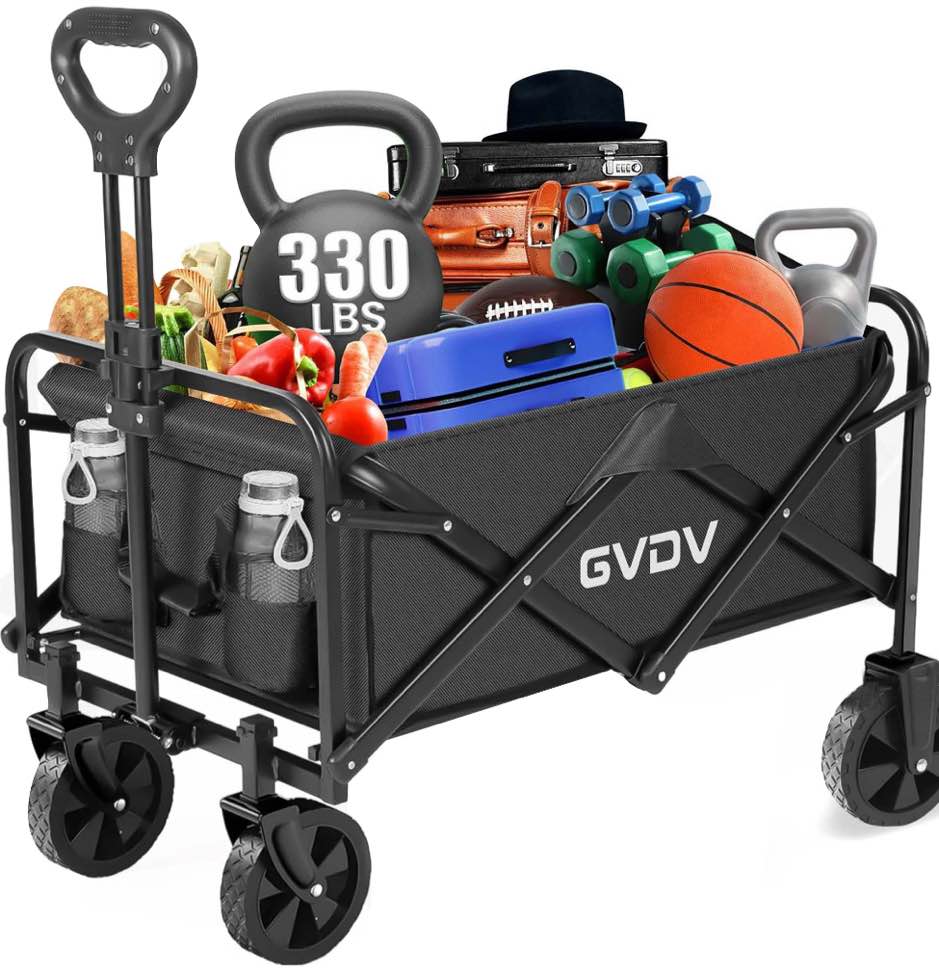 GVDV Collapsible Wagon Cart, Portable Utility Wagon for Camping, Beach, Picnic, Shopping, Sports, and Grocery Transport, Black