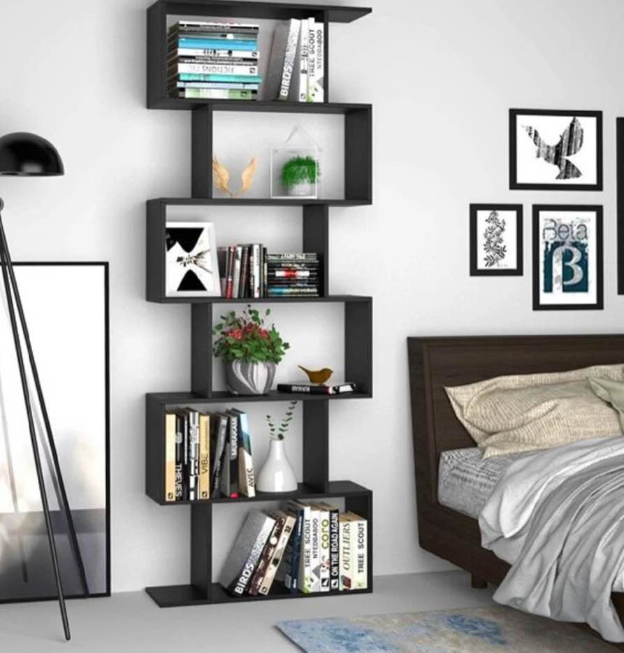 Homfa Geometric Bookcase Wooden Wood S Shape Storage Display Unit Bookcase Bookshelf 6-tier Storage, 75" H x 27.6" W, Black