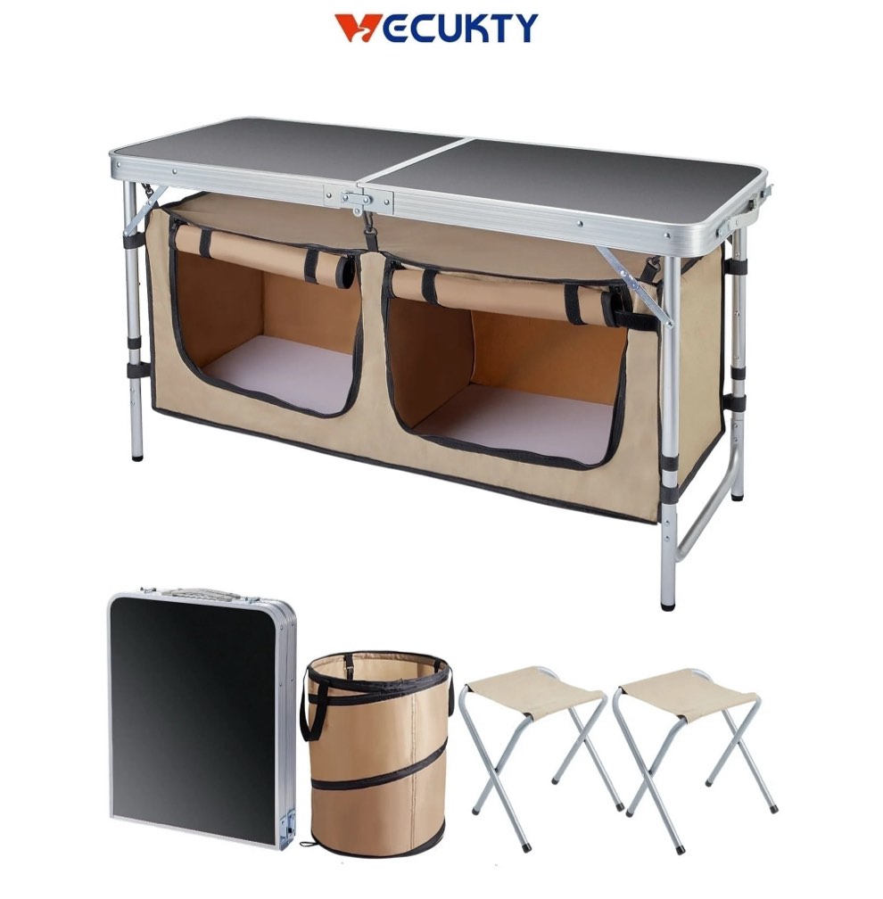 Vecukty Portable Camping Table Set - Aluminum Kitchen Station w/ Storage, Adjustable Feet & Trash Can, brown