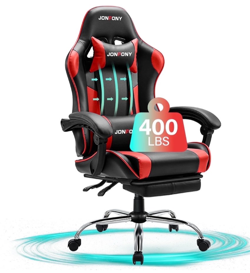 JONPONY Big and Tall Gaming Chair, Ergonomic Design, Gamer Chair PU Leather with Footrest and Lumbar Support, High Back Office Chair Support 8 Hours Long Sitting, Computer Chair,Black Red