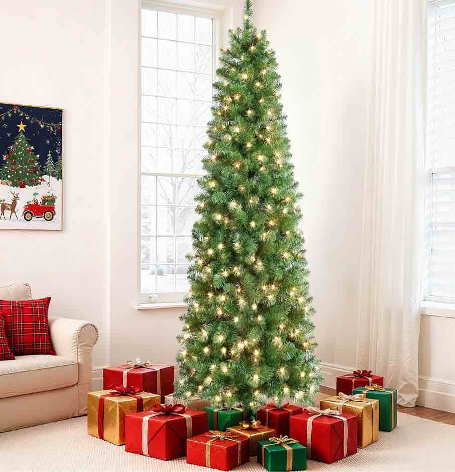 Alupssuc 6.5ft Prelit Artificial Slim Pencil Christmas Tree w/ Warm White Lights, Full Branch Tips, Perfect Choice Decoration for Xmas Holiday