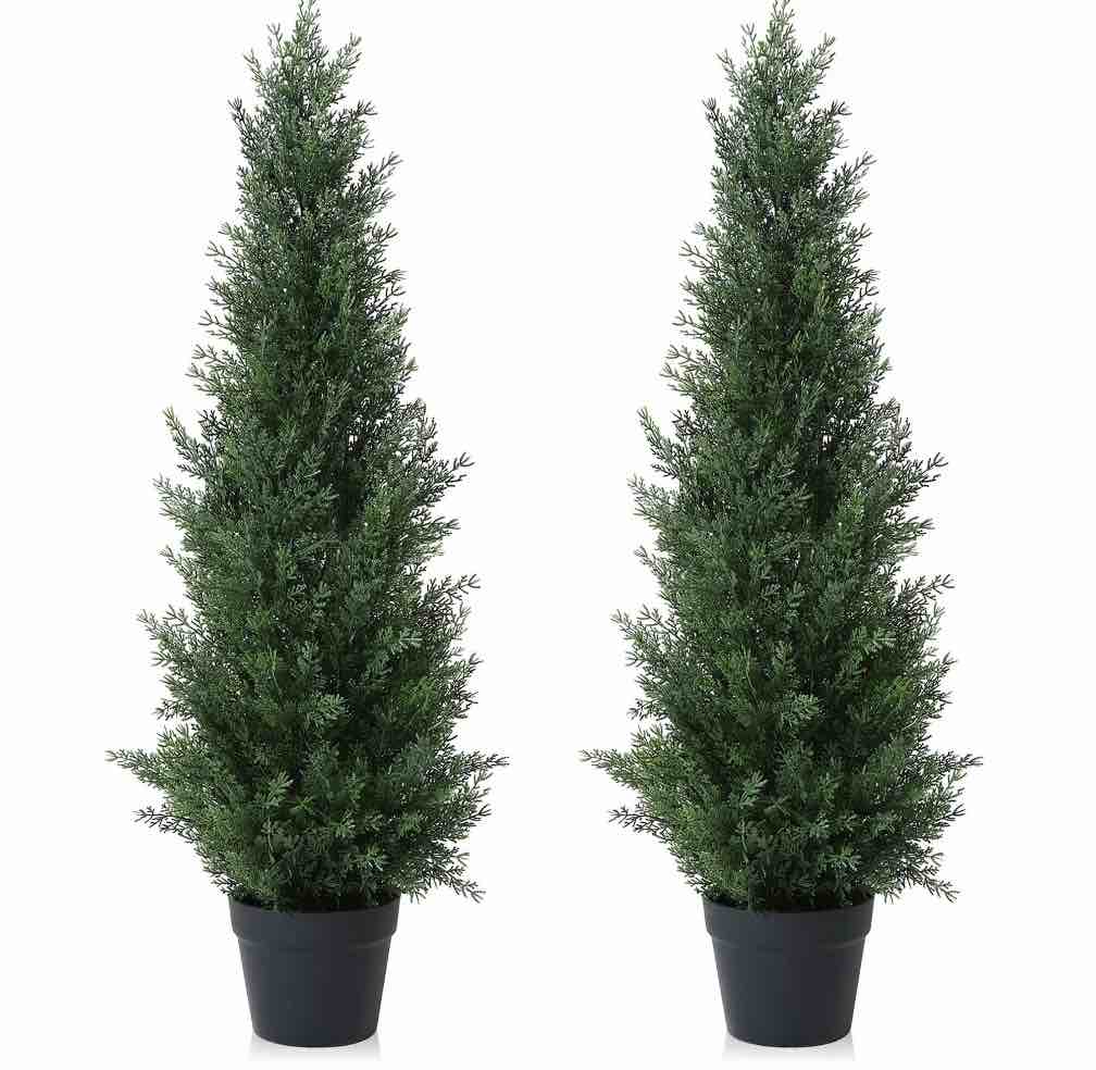 Artificial Cedar Tree 5 FT Artificial Cedar Topiary Trees for Outdoors Potted Fake Cypress Trees Faux Evergreen Plants for Home Porch Decor Set of 2