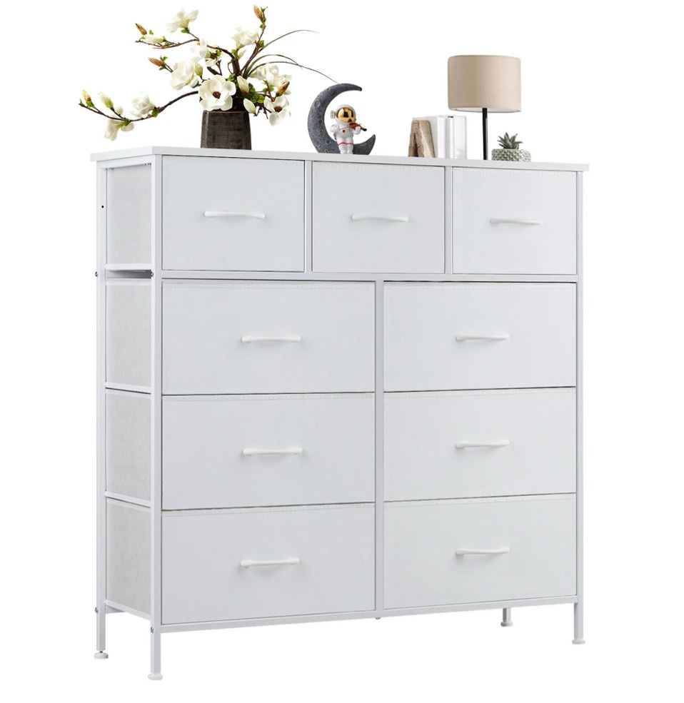 ZUNMOS Fabric Storage Dresser with 9 Drawers, Steel Frame and Wooden Top for Bedroom, Closet and Entryway , White