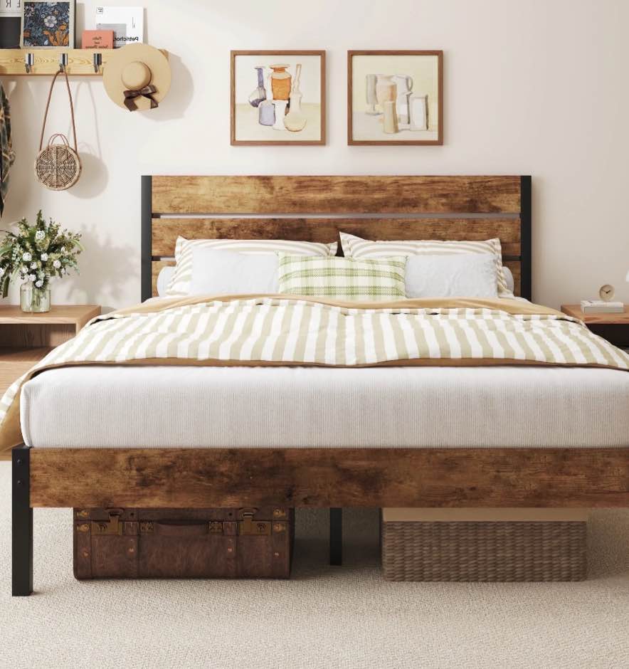 Fluest Queen Size Bed Frame with Headboard and Footboard,Metal Support,No Box Spring Needed, Rustic Brown