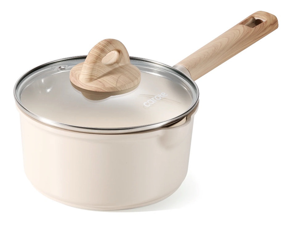 Carote Healthy Ceramic NonStick Saucepan with Induction 7" Non-Toxic Sauce Pan With Lid Cover, Bon Appetit, Taupe, 2QT