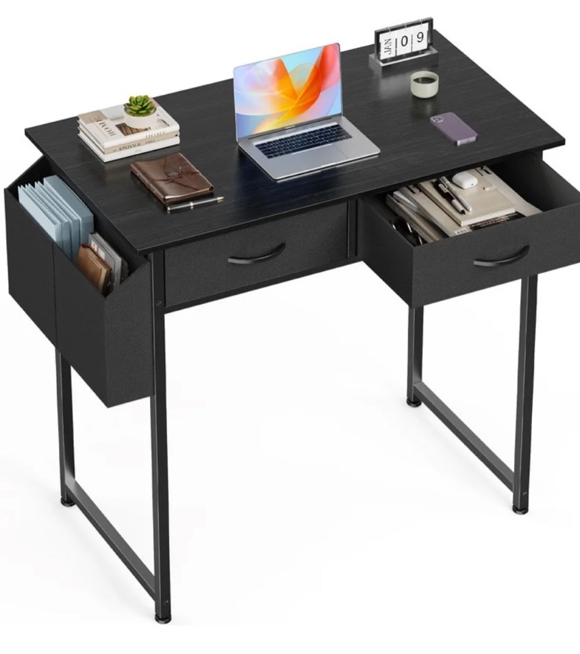 JIOABL Small Desk with 2 Drawers 32 Inch Bedroom Kids Student Vanity Home Office Computer PC Table with Fabric Storage Bag, Study Writing Wood Deskboard for Small Spaces,Black