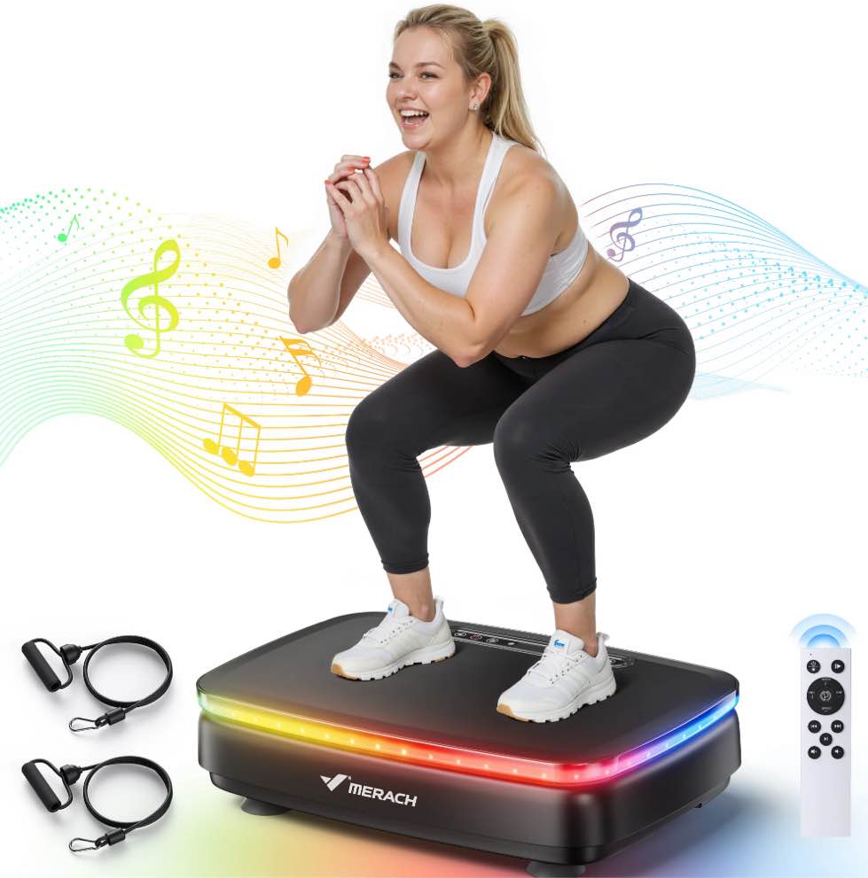 MERACH LED Light Vibration Plate Exercise Machine, Vibrating Muscle Toner, Bluetooth Speaker Whole Body Workout Fitness Platform with Resistance Bands, 330lb Capacity