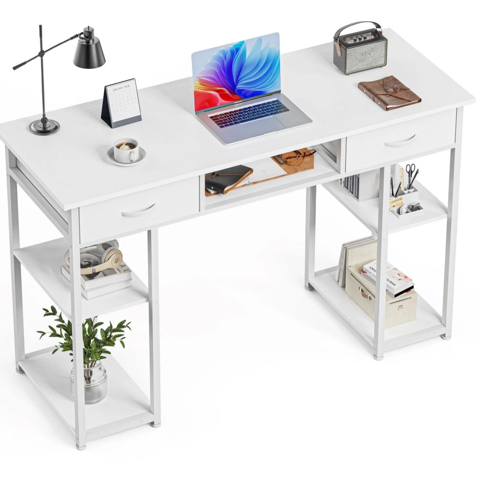 edx Small Desk Fabric Drawers & Storage Shelves, Home Office Computer Desk, Writing Desk Small Space Desk Study Table for Home, Bedroom, 48 Inch, White