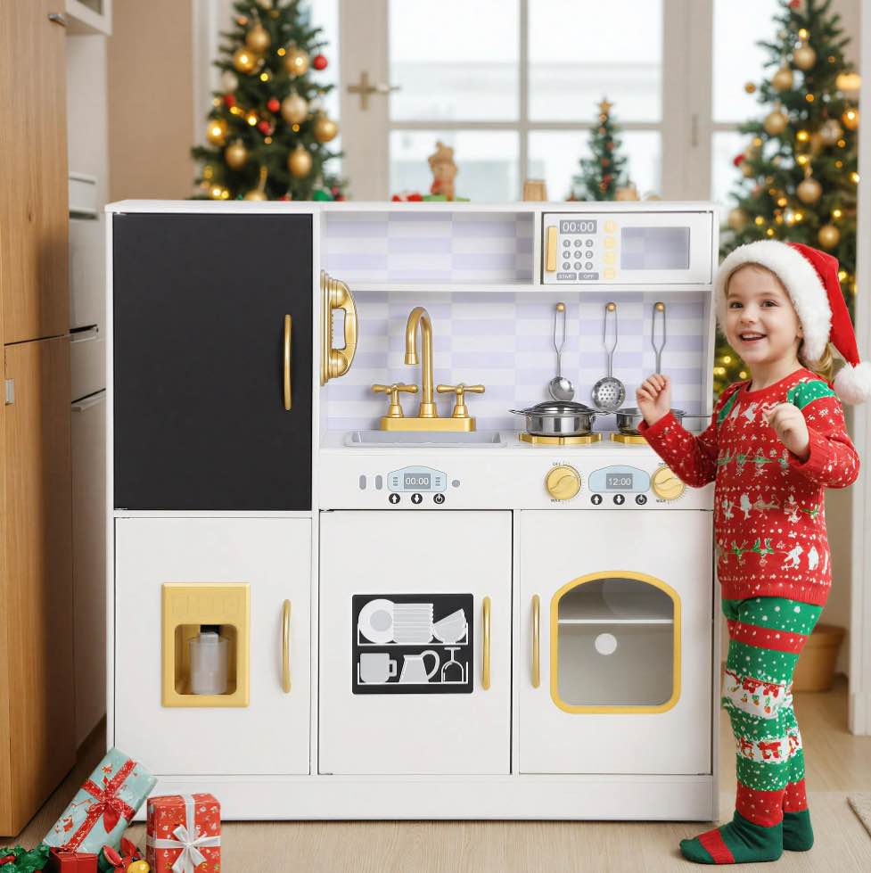 COCLUB Play Kitchen, Wooden Kids Kitchen Playset with Chalkboard, Ice Maker, Play Phone, Cookware Accessories, Microwave Toy Kitchen Gift for Boys Girls Age 3-8 White