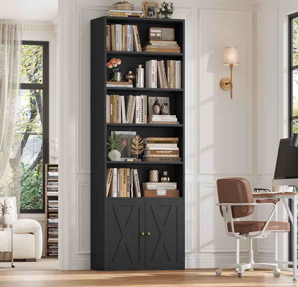 Hiphuta 81.5" Tall Bookcase with Doors, 5-Tier Bookshelves with Storage, 23.6"W Display Shelf with 2 Doors for Home Office, Living Room, Black