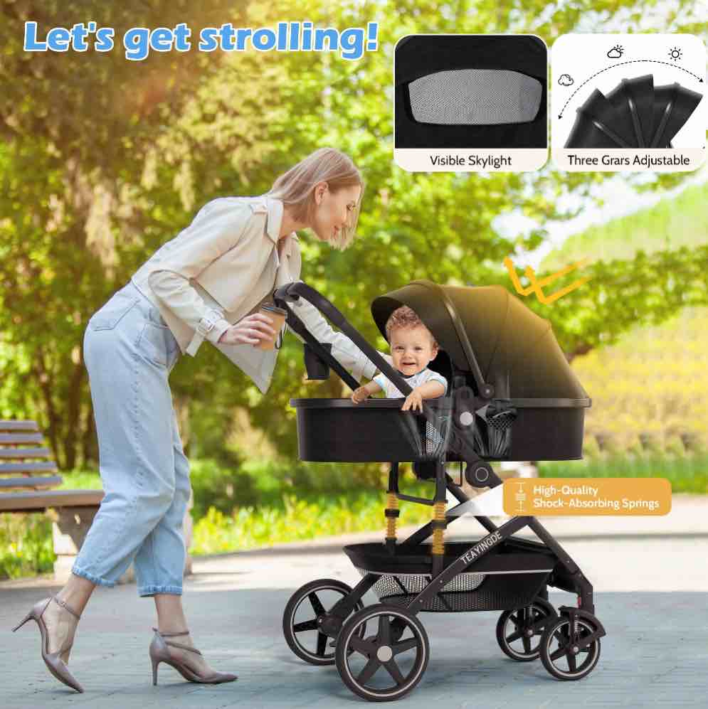 babyeap 2 in 1 Baby Stroller,Foldable Lightweight Carriage Reversible Bassinet Pram for Toddler,Travel Stroller with with Cup Holder?Storage Bag,Black