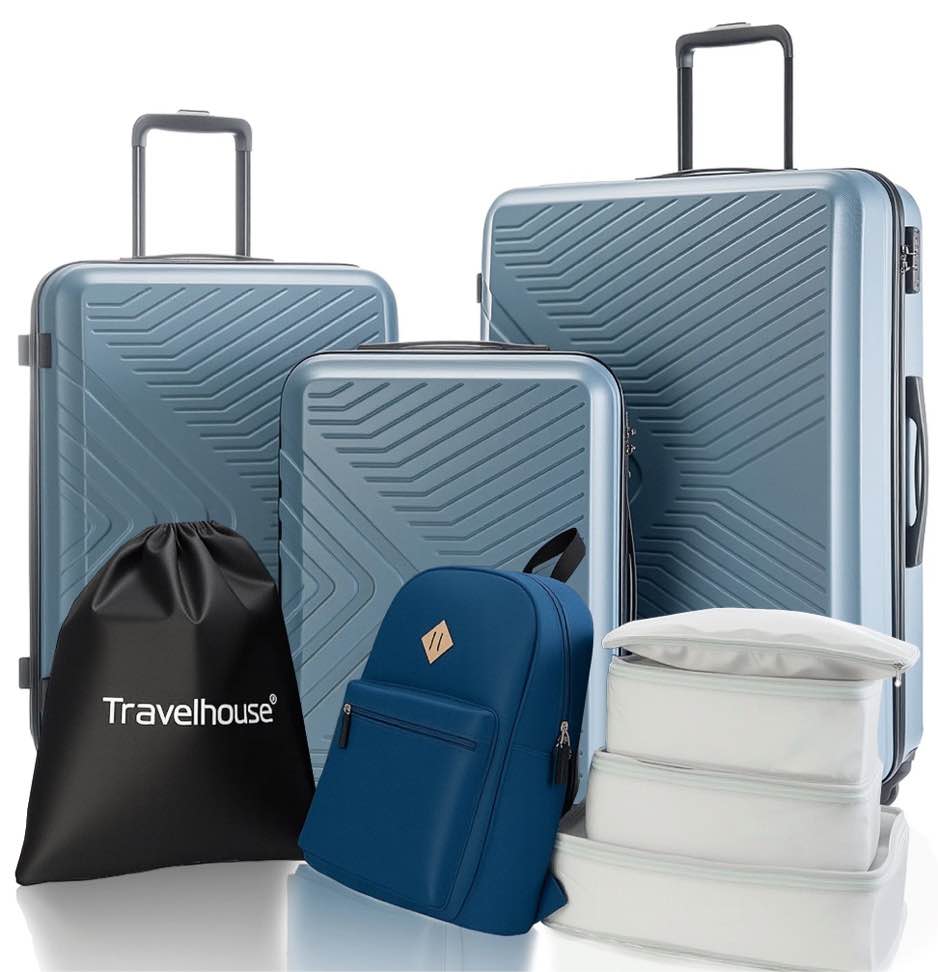 Travelhouse 3 Piece Hardside Luggage Set Hardshell Lightweight TSA Lock Spinner Wheels Suitcase with Backpack and 5 Packing Cubes.Blue