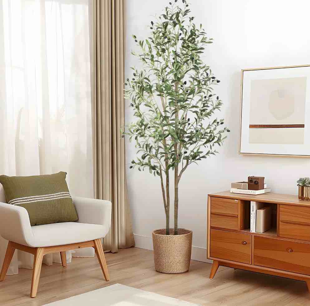 6FT Artificial Olive Tree Indoor, Silk Fake Potted Tree with Natural Wood Trunk & Lifelike Fruits, Faux Plant for Modern Home Office Living Room Floor Decor