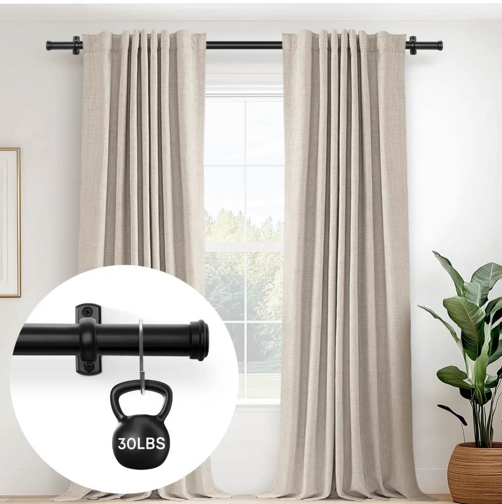 Rose Home Fashion 1 Inch Black Adjustable Curtain Rods Windows Outdoor for Patio Wall & Ceiling Mount 48 - 86