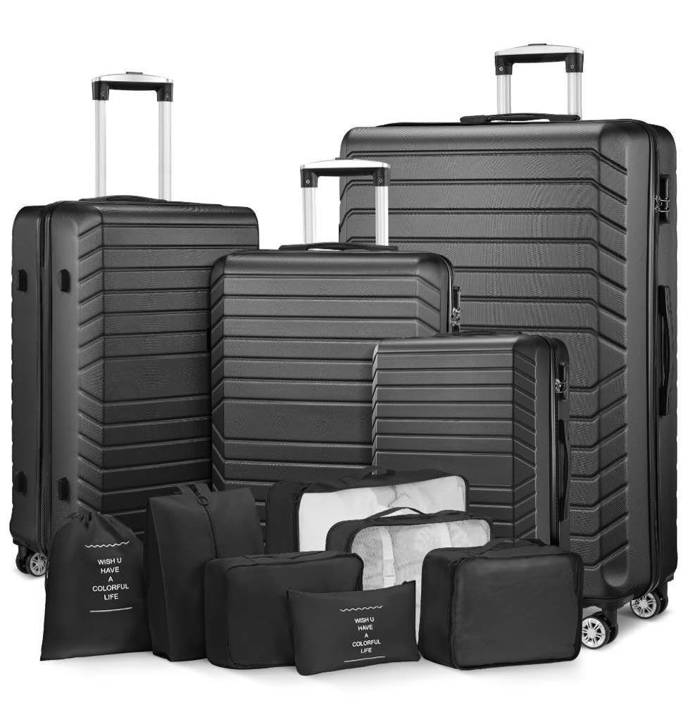 Gowill 4 Piece Luggage Sets with 7 Pieces Organizer Bags, 20/24/28/32 inch ABS Carry-on and Checked Suitcase Large Travel Sets, Black