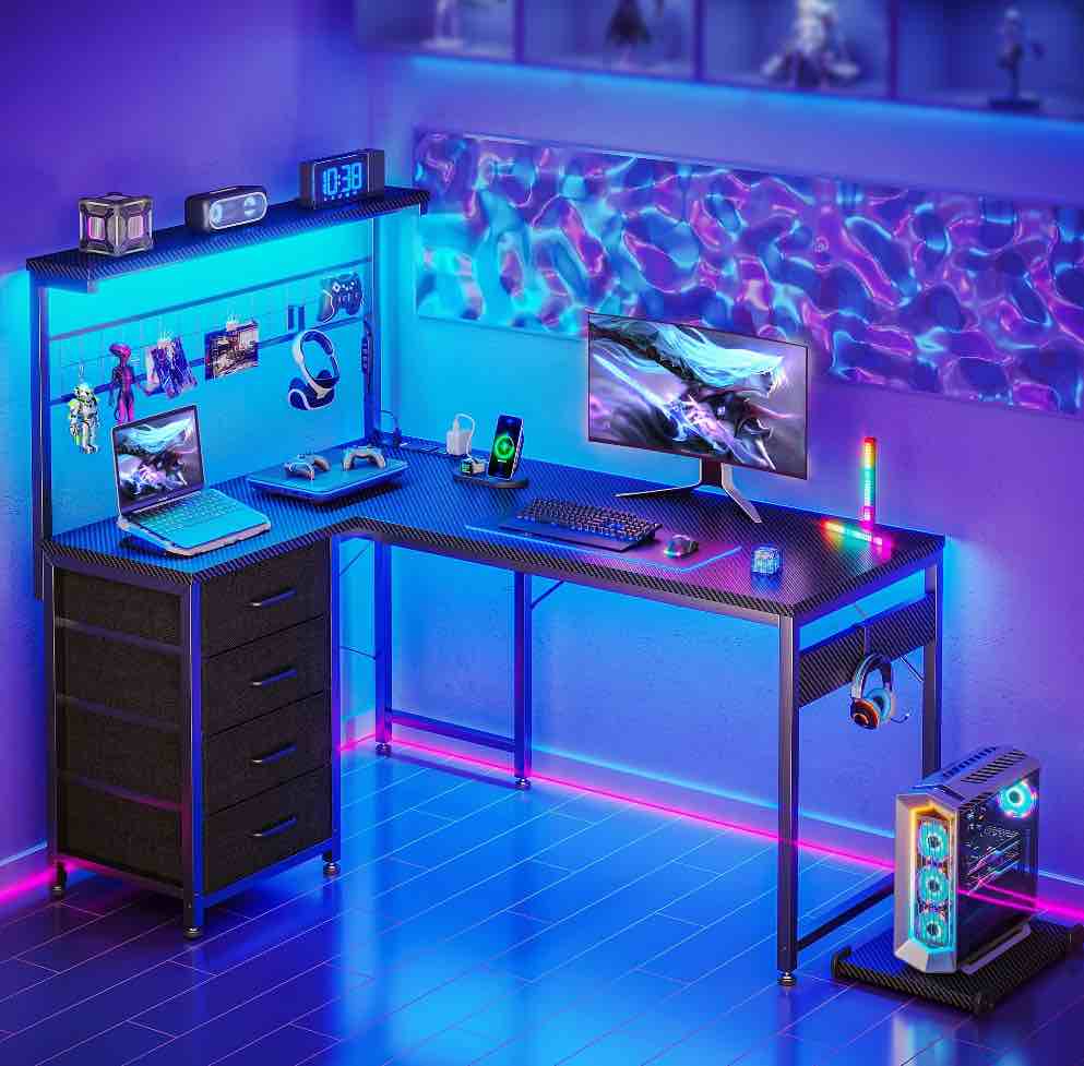 Sofanext 43 inch L Shaped Desk with 4 Storage Drawers, Reversible L Shaped Gaming Desk with Power Outlets & LED Lights, Computer Desk with Movable CPU Stand & Hutch for Home Office, Black