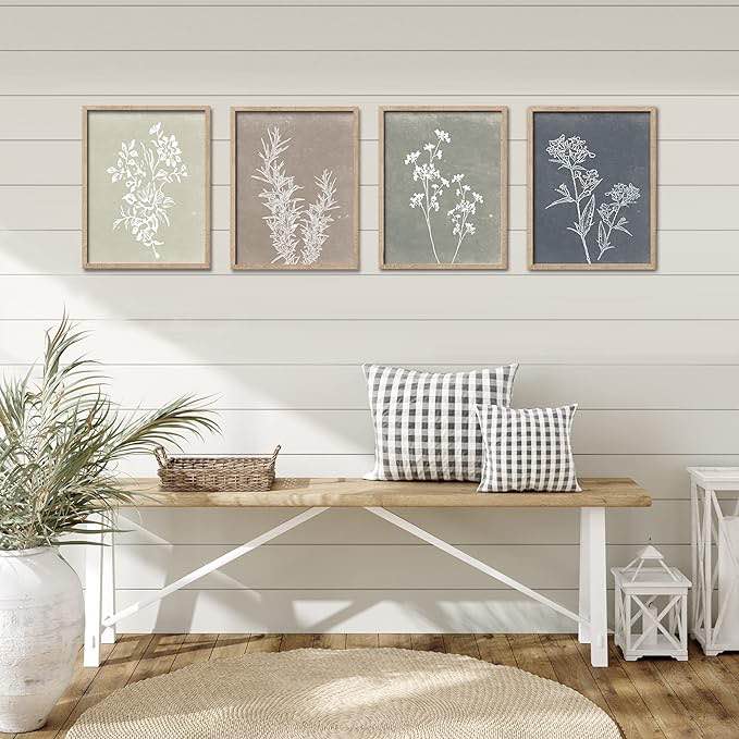 Framed Boho Wall Art Set of 4 for Wooded Minimalist Botanical Print Wall Art for Rustic Vintage Farm