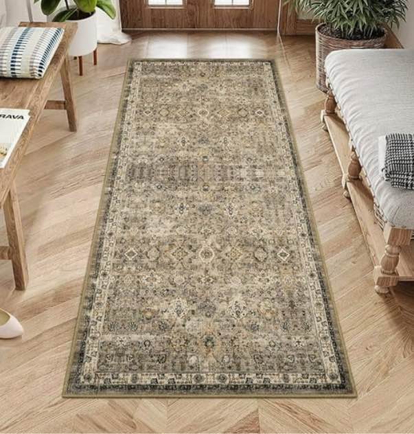 Vintage Floral 2x6 Runner Rug Reddish Brown Boho Washable Kitchen Runner Rug Non-Slip Hallway Runners Thin Printed Faux Wool Super Soft Carpet for Entryway Laundry Room Bedroom Indoor