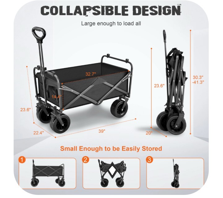 Qunler 560lbs Collapsible Folding Wagon, Big Bucket Beach Cart, Heavy Duty Large Capacity Garden Wagon with Multi-Terrain Brake Wheels for Outdoor Camping, Shopping, Sports, Grocery, Kids, Black