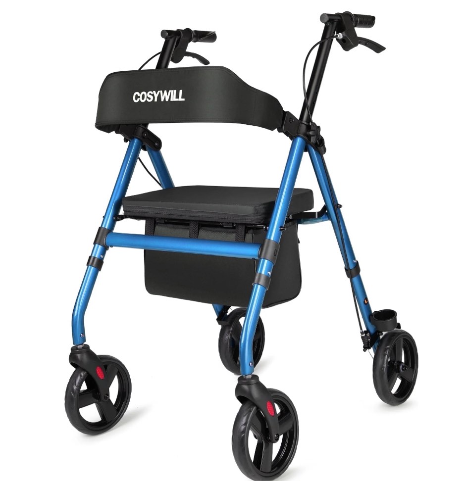 COSYWILL Rollator Walker with Seat,Foldable Mobility Walker with Durable Steel,Rolling Walker with 8" Wheels for All Terrain,Adjustable Height,300 lbs,Blue