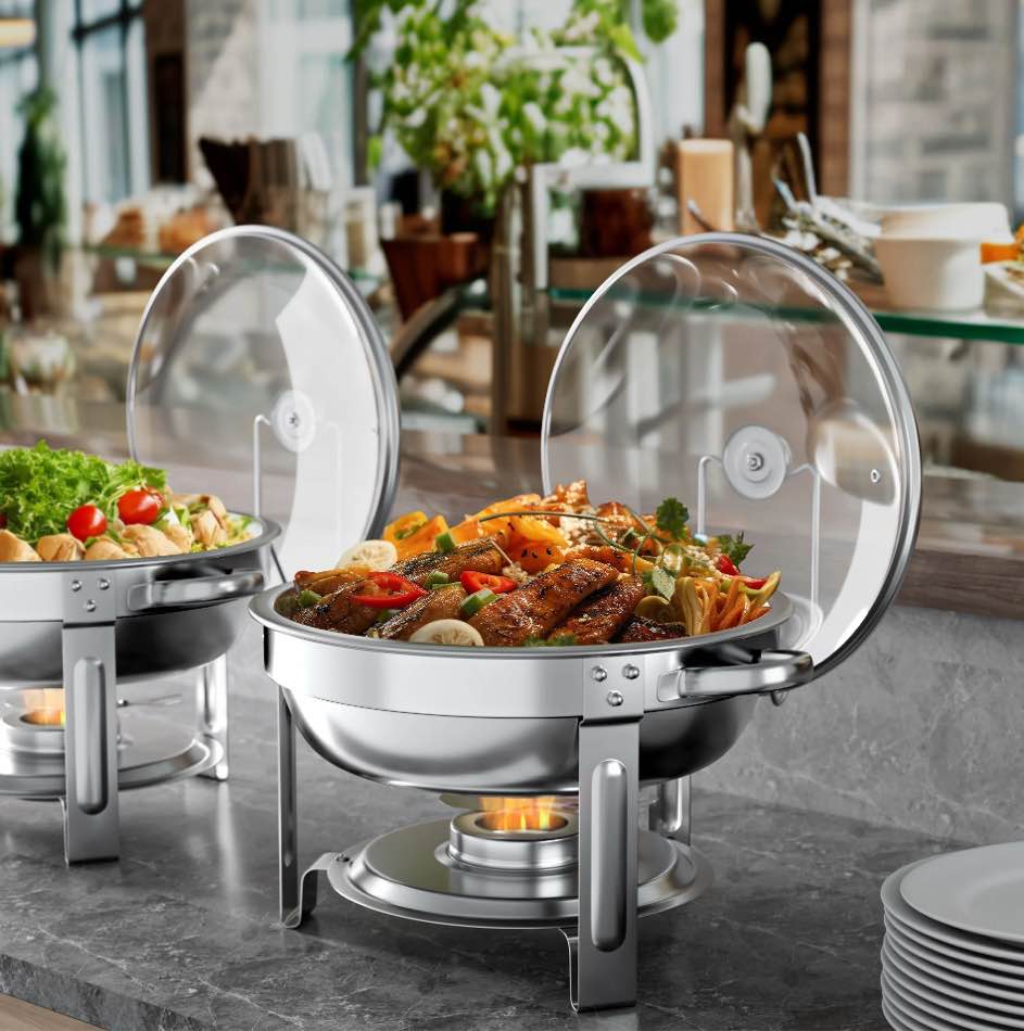Chafing Dish Buffet Set 4 Pack  TINANA 5QT Stainless Steel Chafing Dishes for Buffet with Glass Lid & Lid Holder  Round Chafers and Buffet Warmers Sets for Parties  Events  Wedding  Camping  Dinner