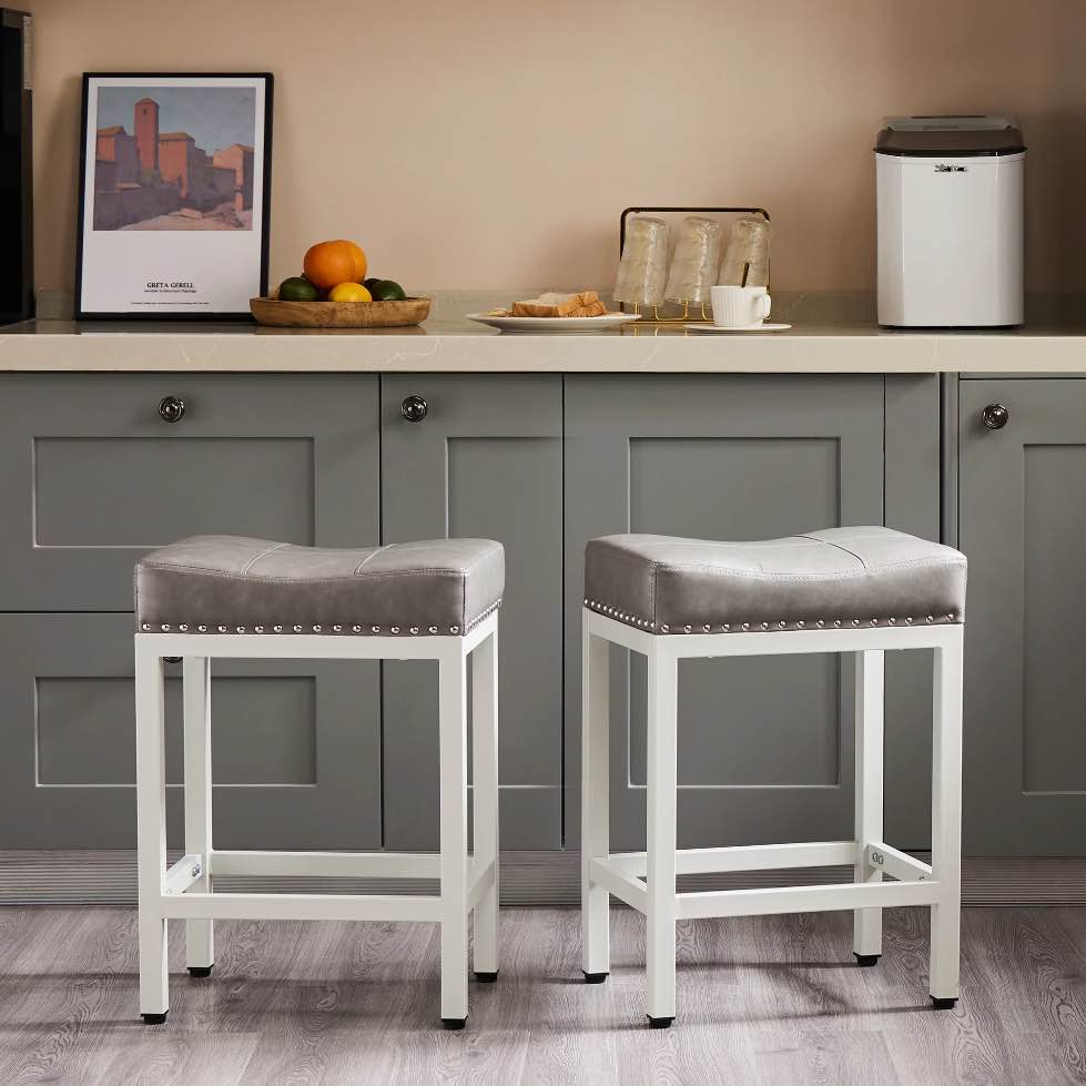 edx Bar Stools Modern Counter Height, 24 Inch Kitchen Barstools with Metal Base, PU Leather Saddle Seats for Kitchen Island, Gray (( 1 only ))