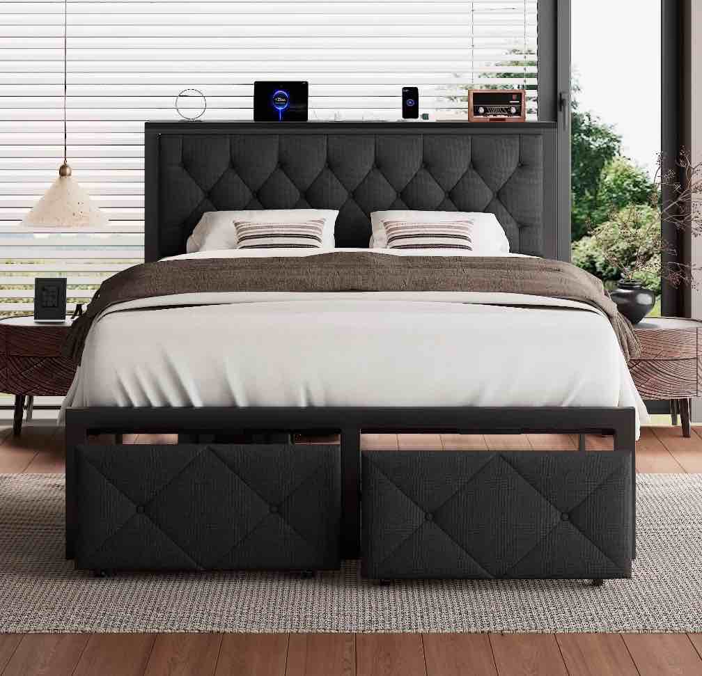 iPormis Queen Bed Frame with 2 Drawers, Metal Platform Bed with Charging Station and Linen Fabric Storage Headboard Strong Metal Slats,Black