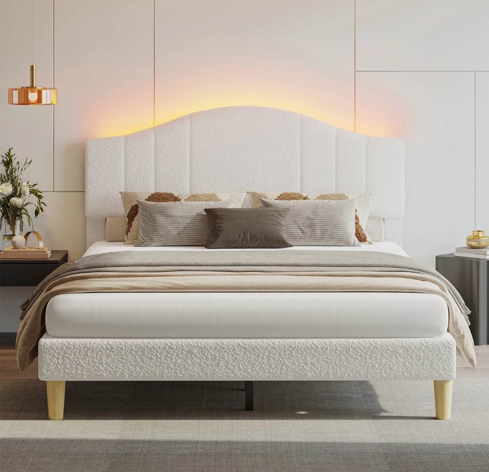 Pinmoco Queen Upholstered Bed Frame with Adjustable Arc-shaped Headboard, LED Platform Bed, Teddy Velvet White