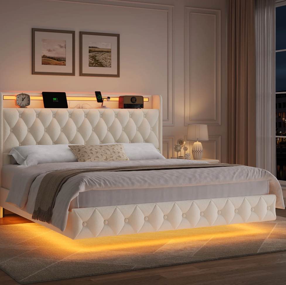 Hiphuta King Size Floating Upholstered Beds with LED Lights, Velvet Leather Sturdy Platform Bed with Charging Station & Button Tufted Headboard Storage, White