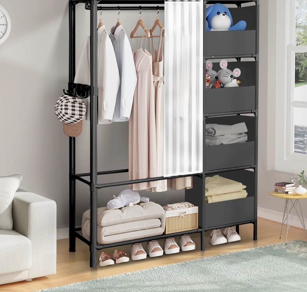 Portable Closet  Brochao Portable Wardrobe with 4 Storage Closet  Clothes Storage Cabinet with Curtain  for Living Room  Bedroom  Clothes Room  Black