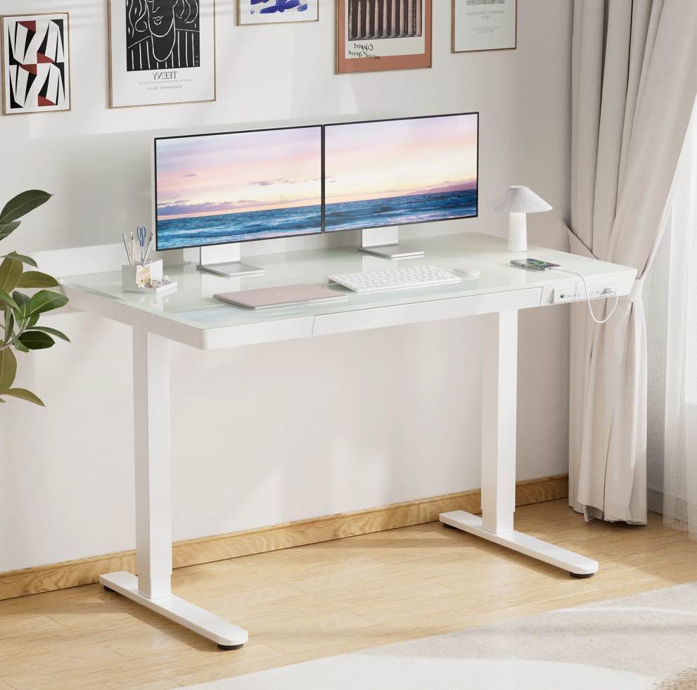 CHITOOMA Glass Top Electric Standing Desk with Drawer, 48'' x 24'' Electric Height Adjustable Desk with USB Charging Ports, Sit Stand up for Home Office