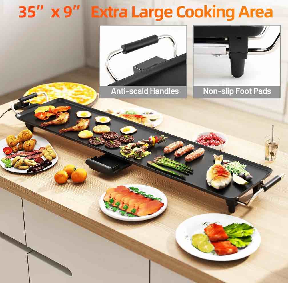Aoran 35" Electric Griddle Teppanyaki Grill, Nonstick Extra Large Griddle Long Countertop Grill with Adjustable Temperature & Drip Tray, Easy-to-Clean BBQ Pancake Griddle for Indoor & Outdoor Cooking