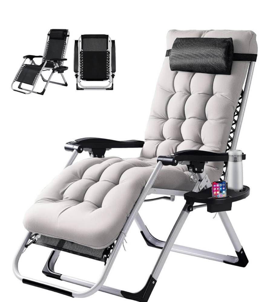 CONCETTA Padded Zero Gravity Chair, Lounge Chair with Removable Cushion and Trays,Folding deck chair patio chair, Lawn Lounger, Gray
