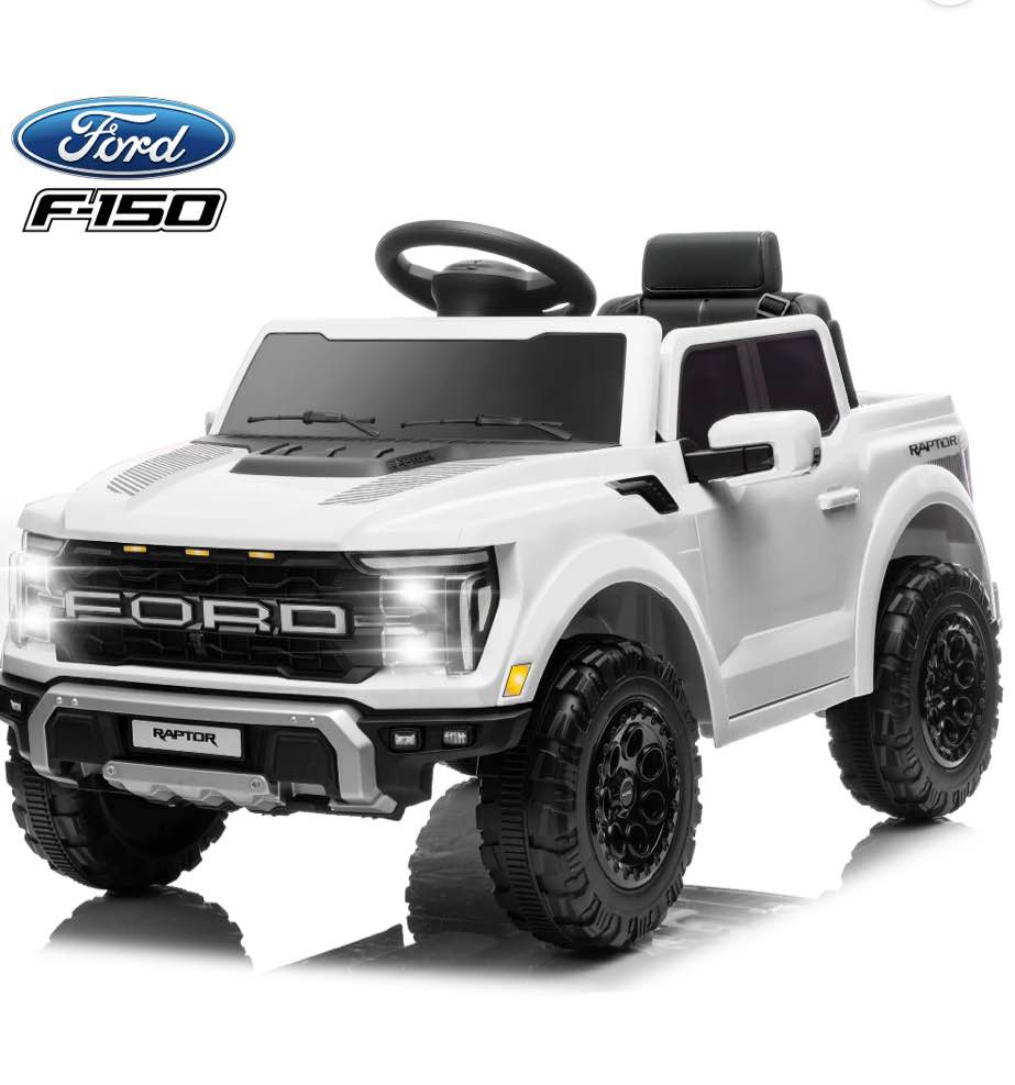 Ford Ride on Cars, 12V Ford F150 Raptor Powered Ride on Toys with Remote Control, Electric Car for Kids with Bluetooth/FM/Trunk, 4 Wheelers Truck for Toddlers Boys Girls Ages 3-6, White