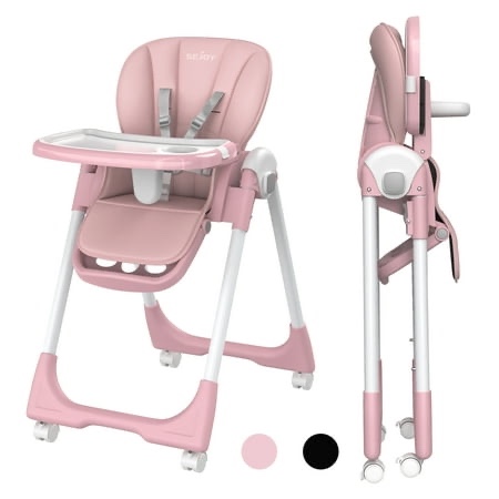 Sejoy 4 Wheels Baby High Chair for Toddlers Foldable High Chair with Adjustable Seat Heigh Pink