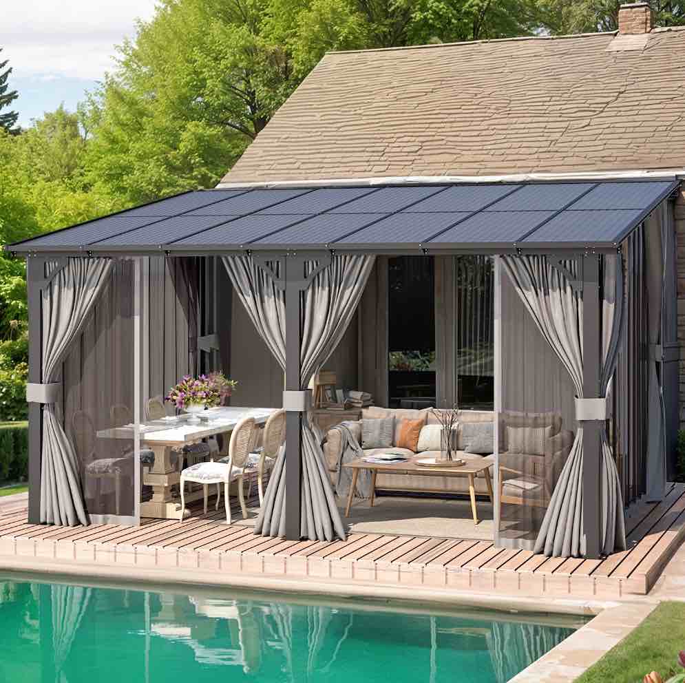 AECOJOY 14' x 10' Lean to Gazebo with Netting and Curtain Outdoor Hardtop Gazebo Aluminum Metal Pergola ?For Garden, Patio, Backyard-?Dark ?Gray