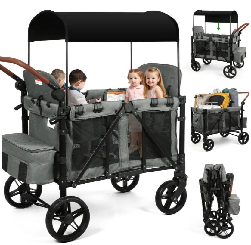 Vomeast Wagon Stroller for 4 Kids, 3-in-1 Stroller Wagon with Canopy, 5-Point Harness, Adjustable Handlebars, Removable Seat for Toddlers, Grey