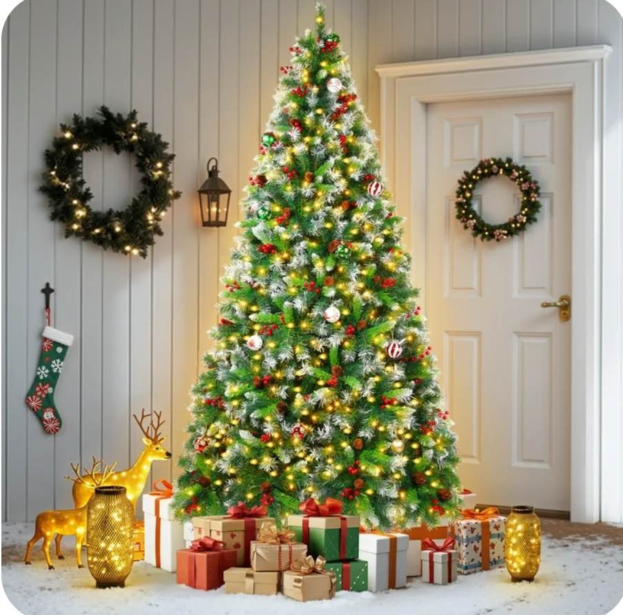 Firstness 7.5ft Pre-Lit Artificial Christmas Tree,Green Xmas Tree with 1400 Branch Tips 600 LED Lights,Pine Cones + Red Berries