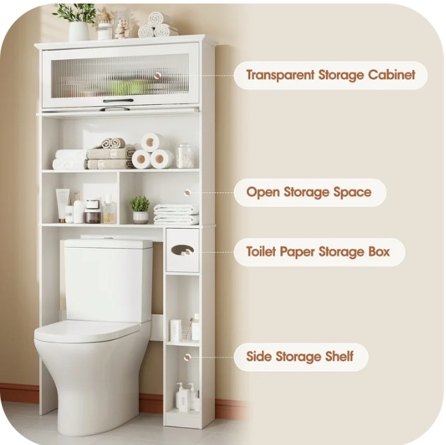 Vabches Over The Toilet Storage Cabinet with Transparent Flip Door, 33.2''W Bathroom Over Toilet Shelf Space Saver with Toilet Paper Holder