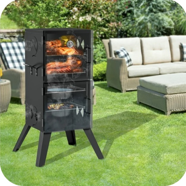 Kingchii Vertical Charcoal Smoker BBQ Grill with Built-in Thermometer, Portable Smoker for Backyard, Camping, Barbecue, and Outdoor Grilling