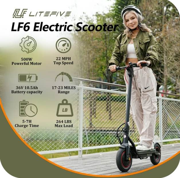 LiteFive LF6 Electric Scooter with 500W Motor, 10” Tires, 22mph & 23Miles Range, Folding Commuting E-Scooter for Adults with APP Control, Gray