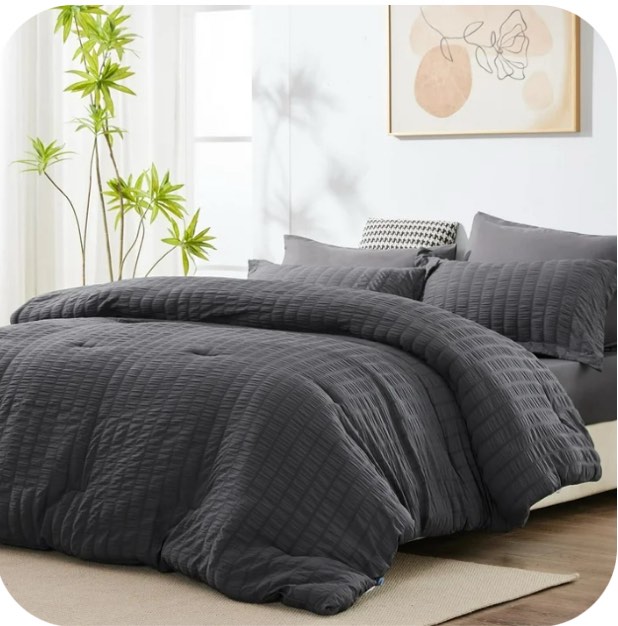 JUSTLET Queen Seersucker Comforter Set with Sheets Dark Grey Bed in a Bag 7-Pieces All Season Bedding Sets with Comforter, Pillow Sham, Flat Sheet, Fitted Sheet, Pillowcase