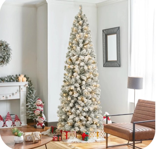 7ft Pre-Lit Snow Flocked Pencil Christmas Tree Hinged Slim Skinny Corner Xmas Tree with 300 Warm Lights & 760 Snow Branch Tips, White