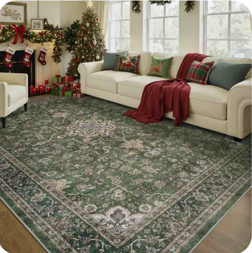 SIXHOME 5x7 Feet Washable Non-Slip Area Rug - Traditional Distressed Vintage Green Rug with Retro Floral Design, Ultra-Soft Indoor Carpet for Living Room, Bedroom, Dining Room