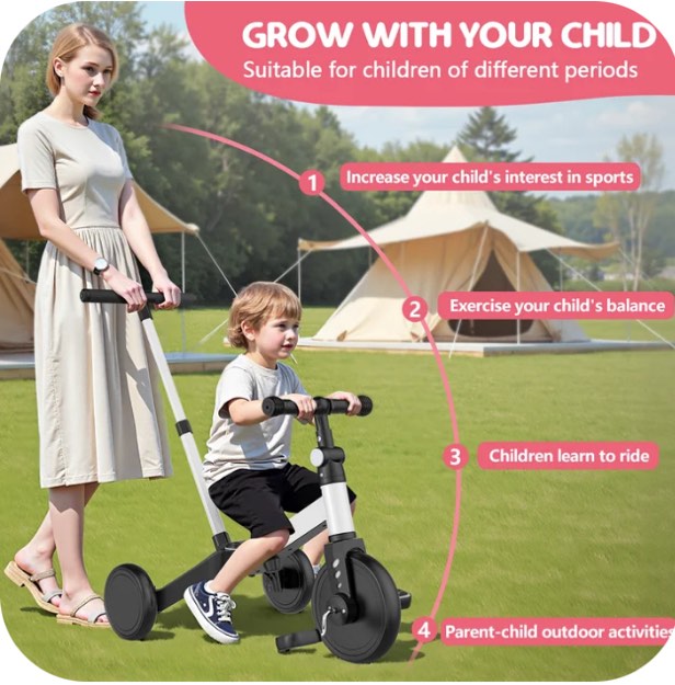 TNTANTS 4 in 1 Toddler Bike, Kids Tricycle for 1-5 Years Old, Toddler Tricycle for Boy Girl, Baby Balance Bike with Parent Steering Push Handle, Removable Pedal, Adjustable Seat White